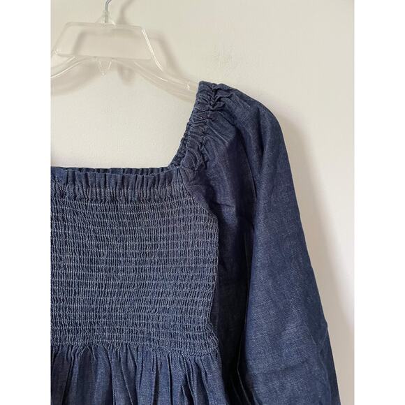 J. Crew Smocked Puff-Sleeve Dress Denim Chambray Blue Size XXS NEW - Picture 4 of 8